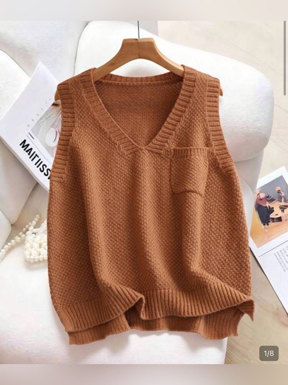 5/$20 SHEIN Women's V-Neck Knit Sweater Tank/Vest in Camel - Medium